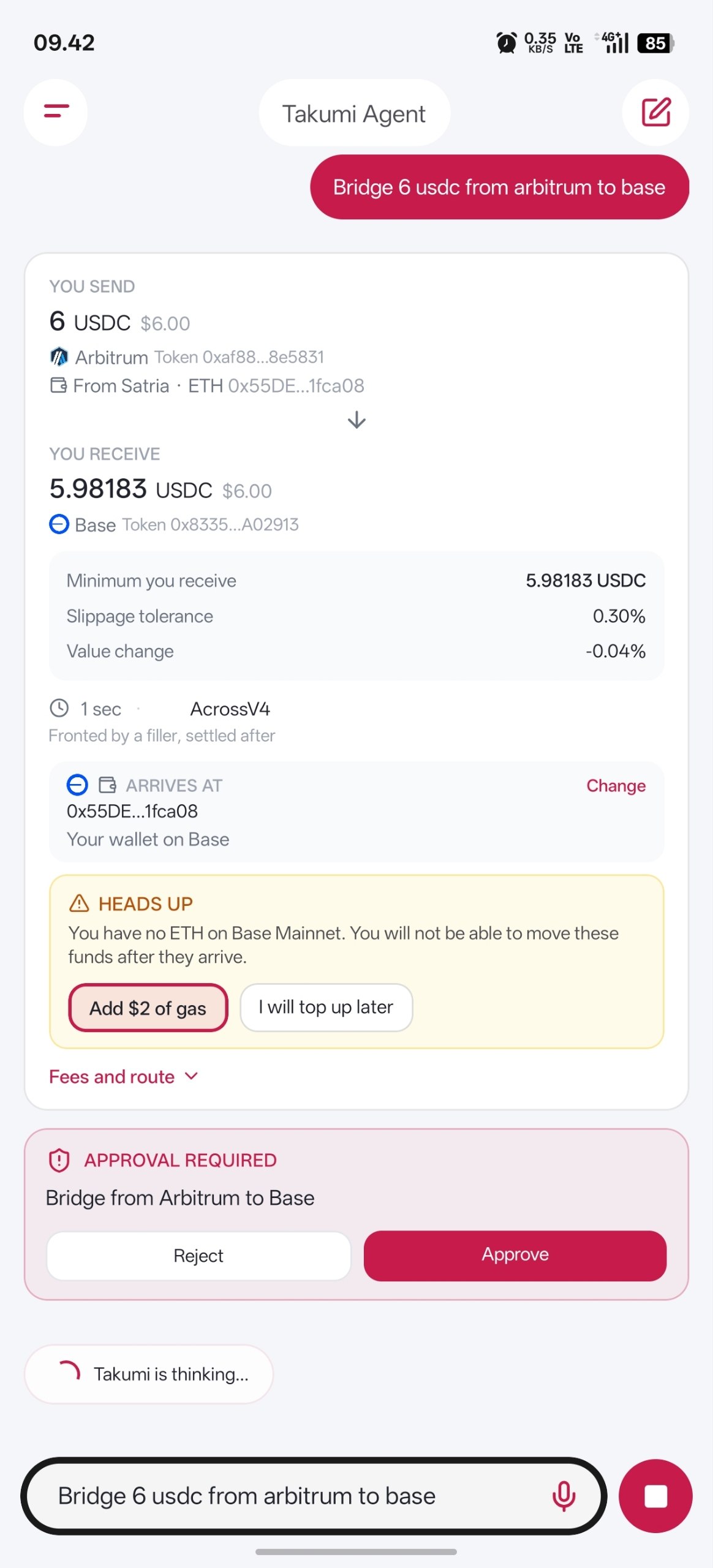 TakumiAgent bridging USDC from Arbitrum to Base