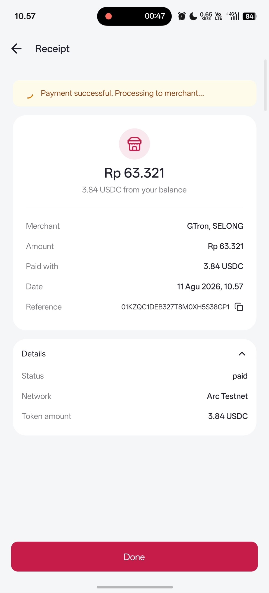 Payment receipt: Rp 63.321 paid with 3.84 USDC